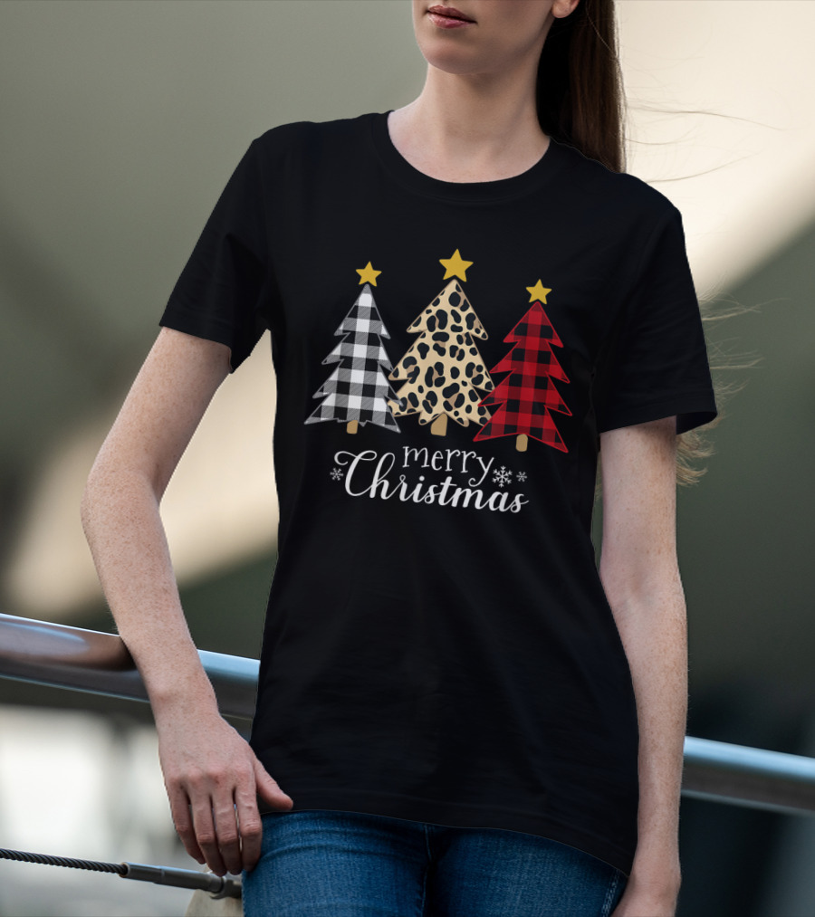 Merry Christmas Buffalo Plaid And Leopard Print Xmas Trees T-Shirt