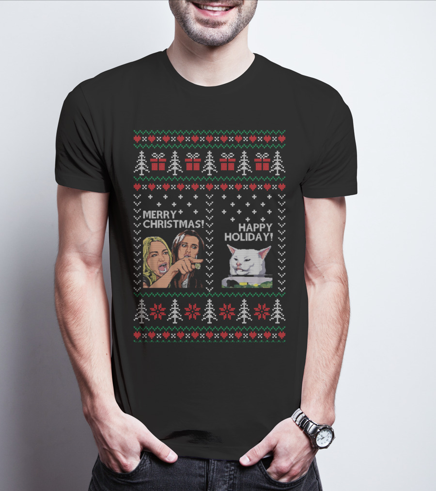Merry Christmas Happy Holiday Woman Yelling Confused Cat Meme Christmas Trees Gifts Snowflakes T-Shirt