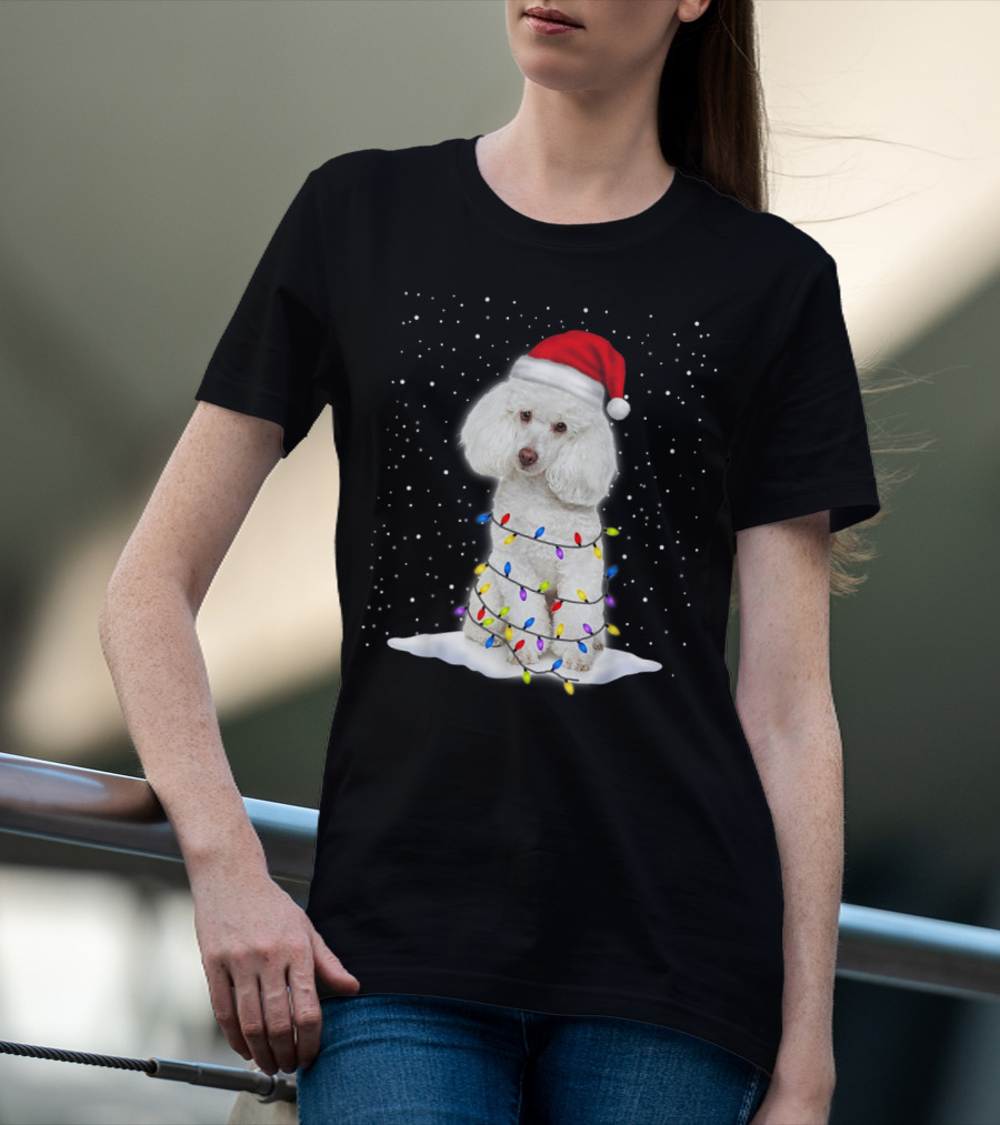 Poodle Santa Christmas Tree Decor With Colorful String Lights Snowfall T-Shirt