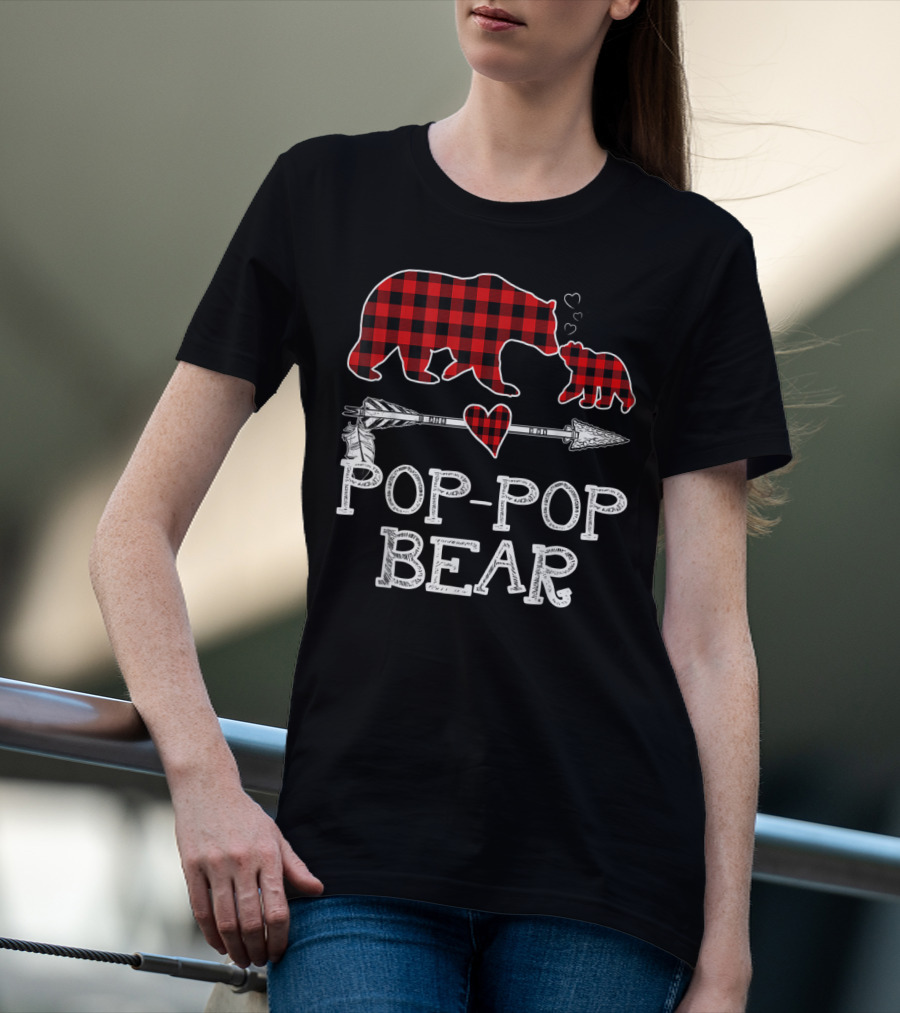 Pop Pop Bear Red Plaid Buffalo Christmas Hearts Arrow T-Shirt