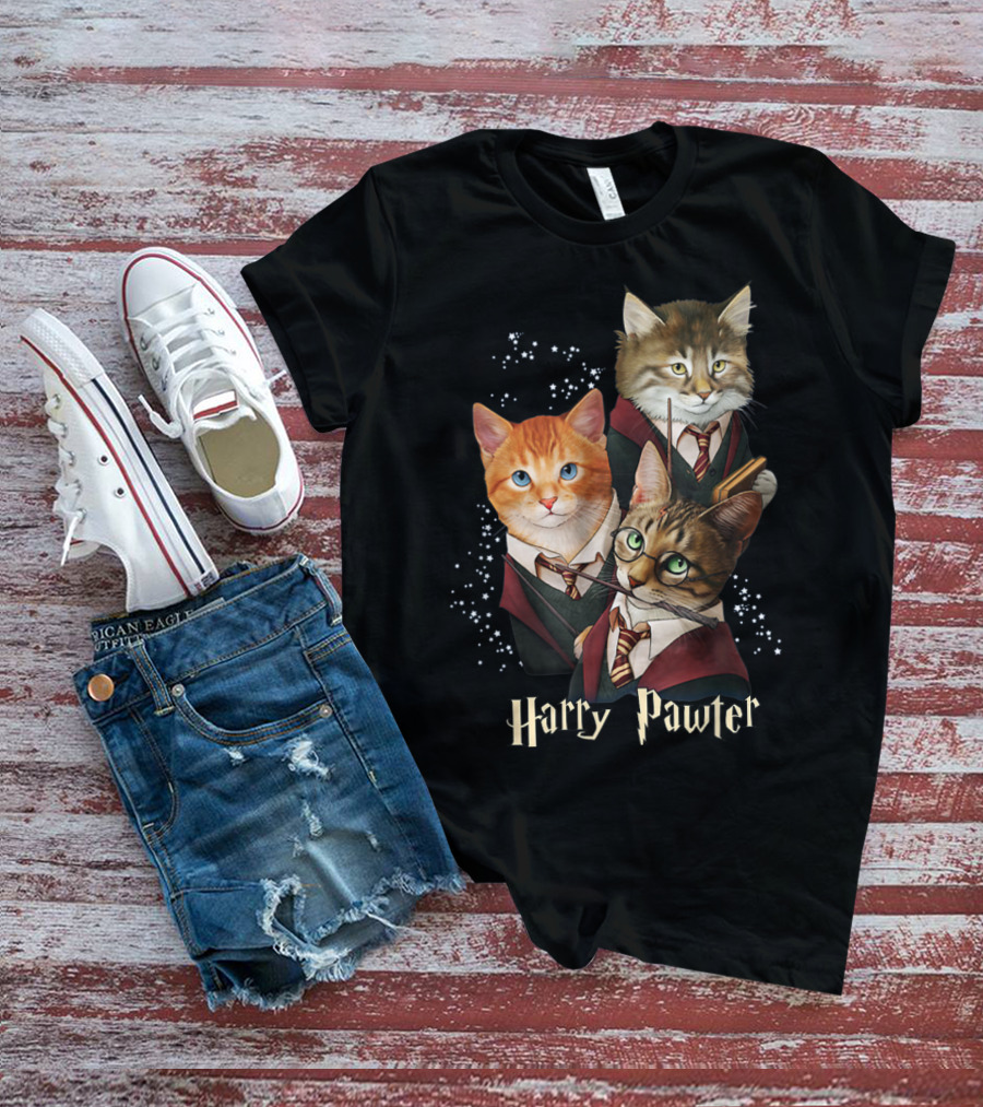 Harry Pawter Cats In Wizard Robes With Wands And Glasses T-Shirt