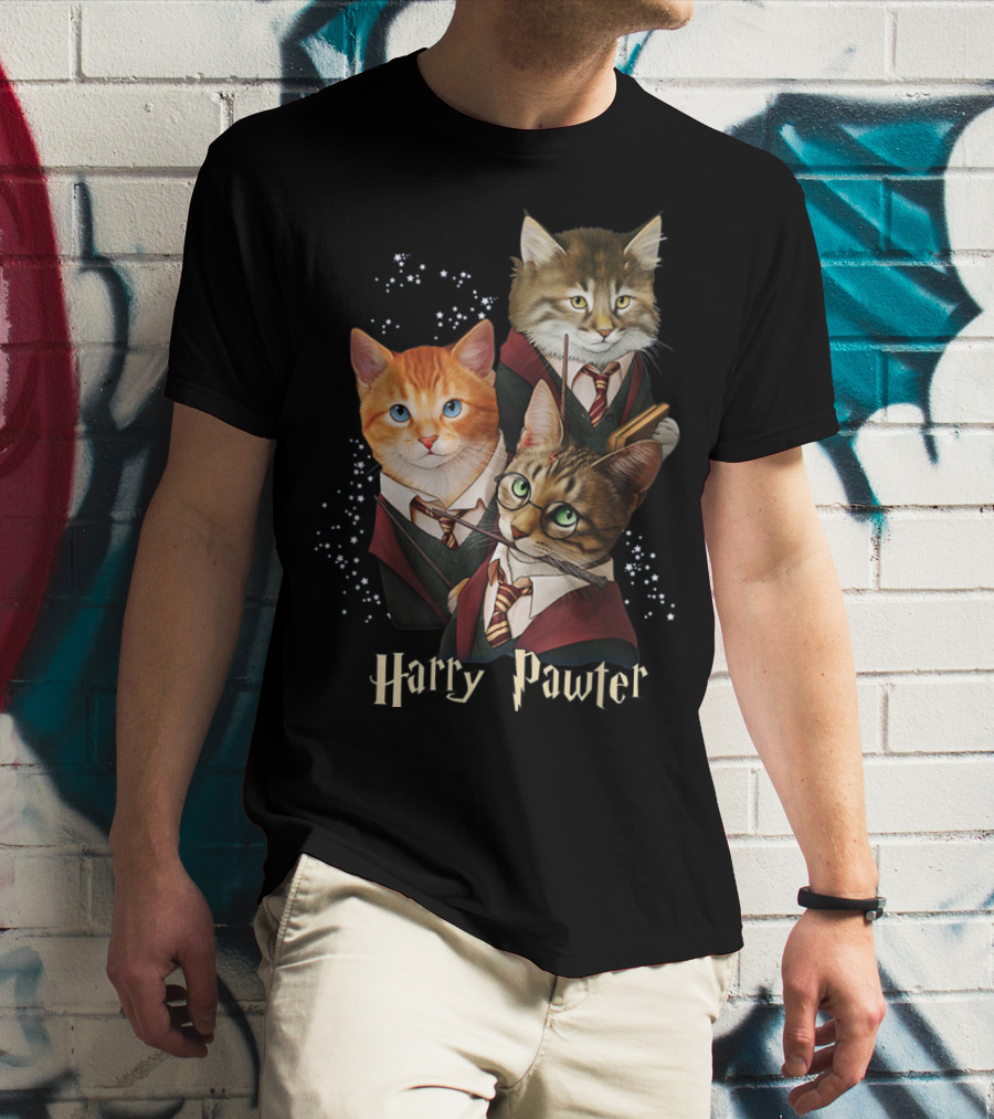 Harry Pawter Cats In Wizard Robes With Wands And Glasses T-Shirt