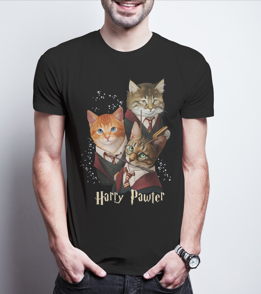 Harry Pawter Cats In Wizard Robes With Wands And Glasses T-Shirt