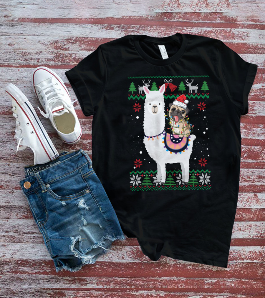 Christmas Pug Riding Llama With Santa Hat And Lights T-Shirt