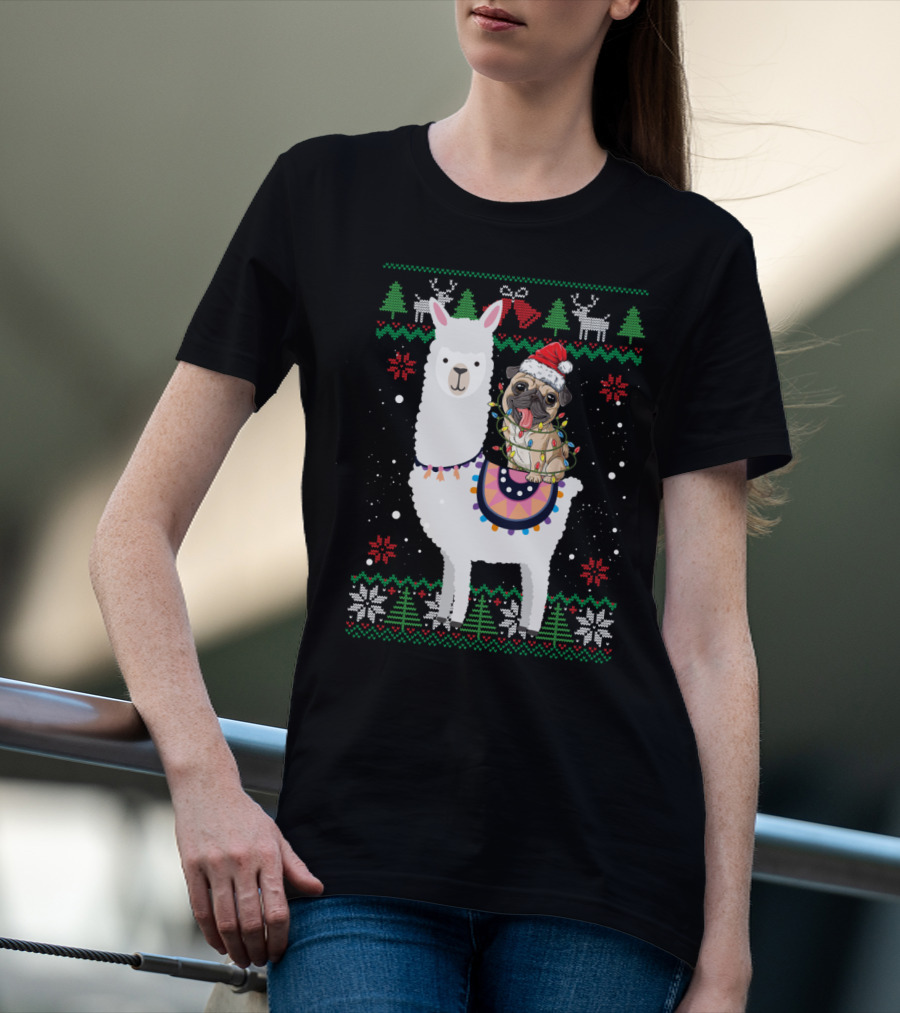 Christmas Pug Riding Llama With Santa Hat And Lights T-Shirt