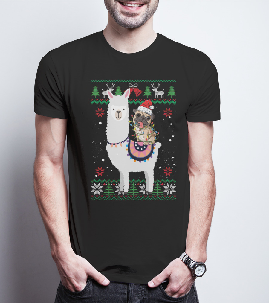 Christmas Pug Riding Llama With Santa Hat And Lights T-Shirt