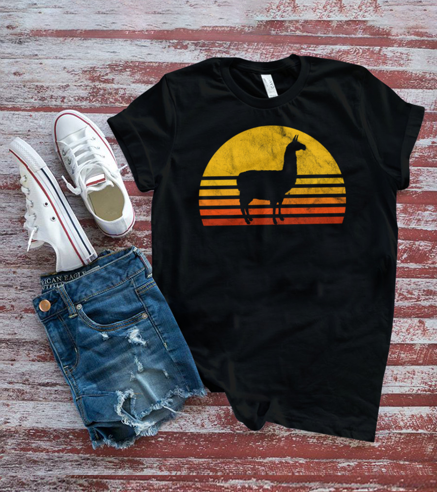 Retro Llama Silhouette Against Sunset Colors T-Shirt
