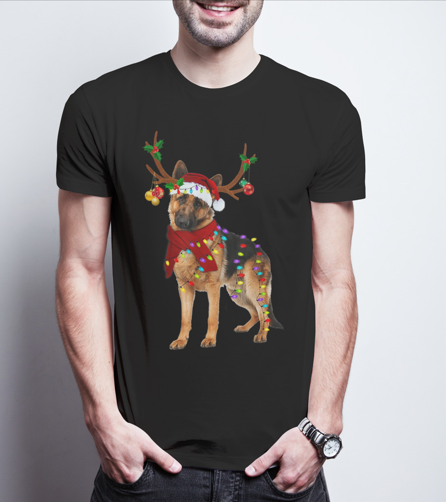 Santa German Shepherd Reindeer Antlers Christmas Lights T-Shirt
