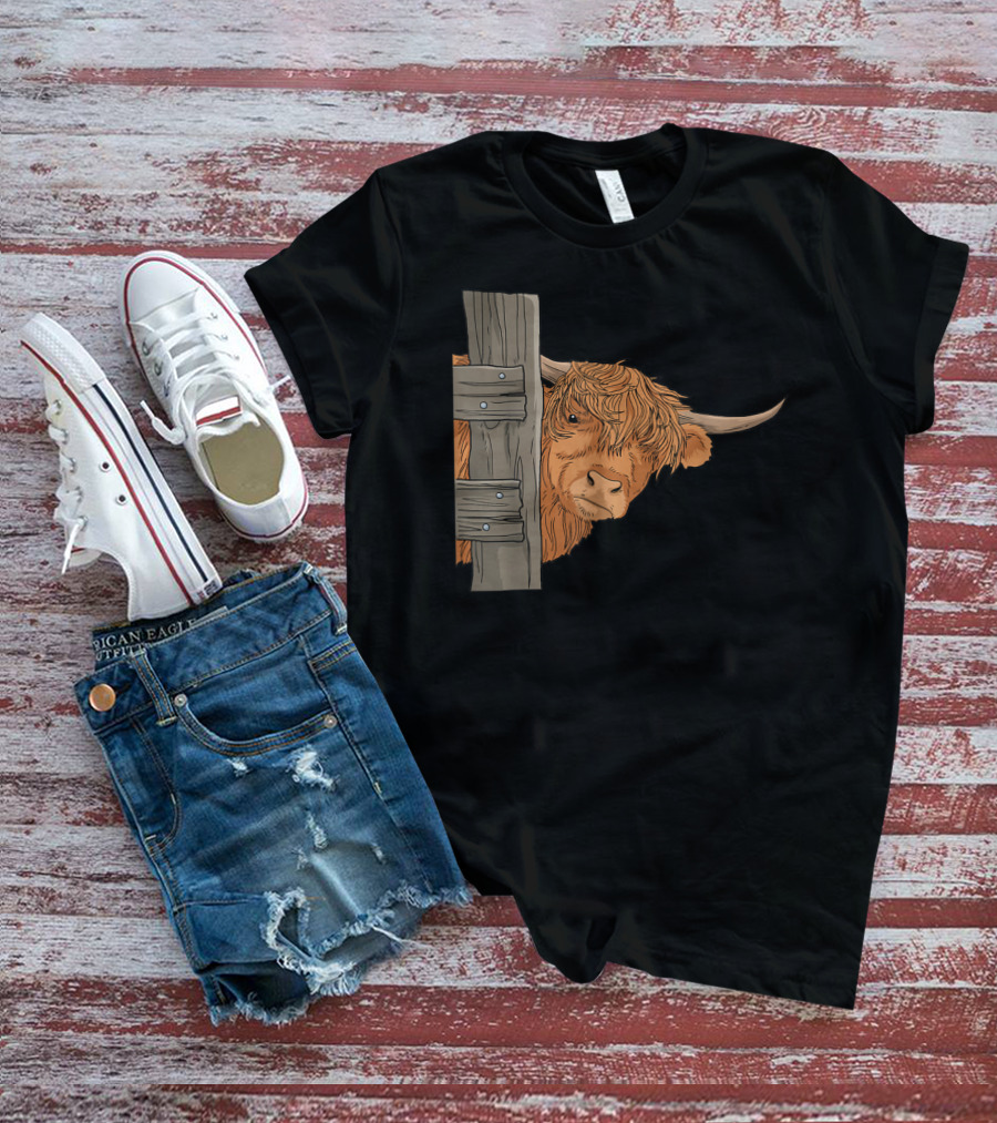 Scottish Highland Cow Spirit Animal Peeking Behind Wooden Fence T-Shirt
