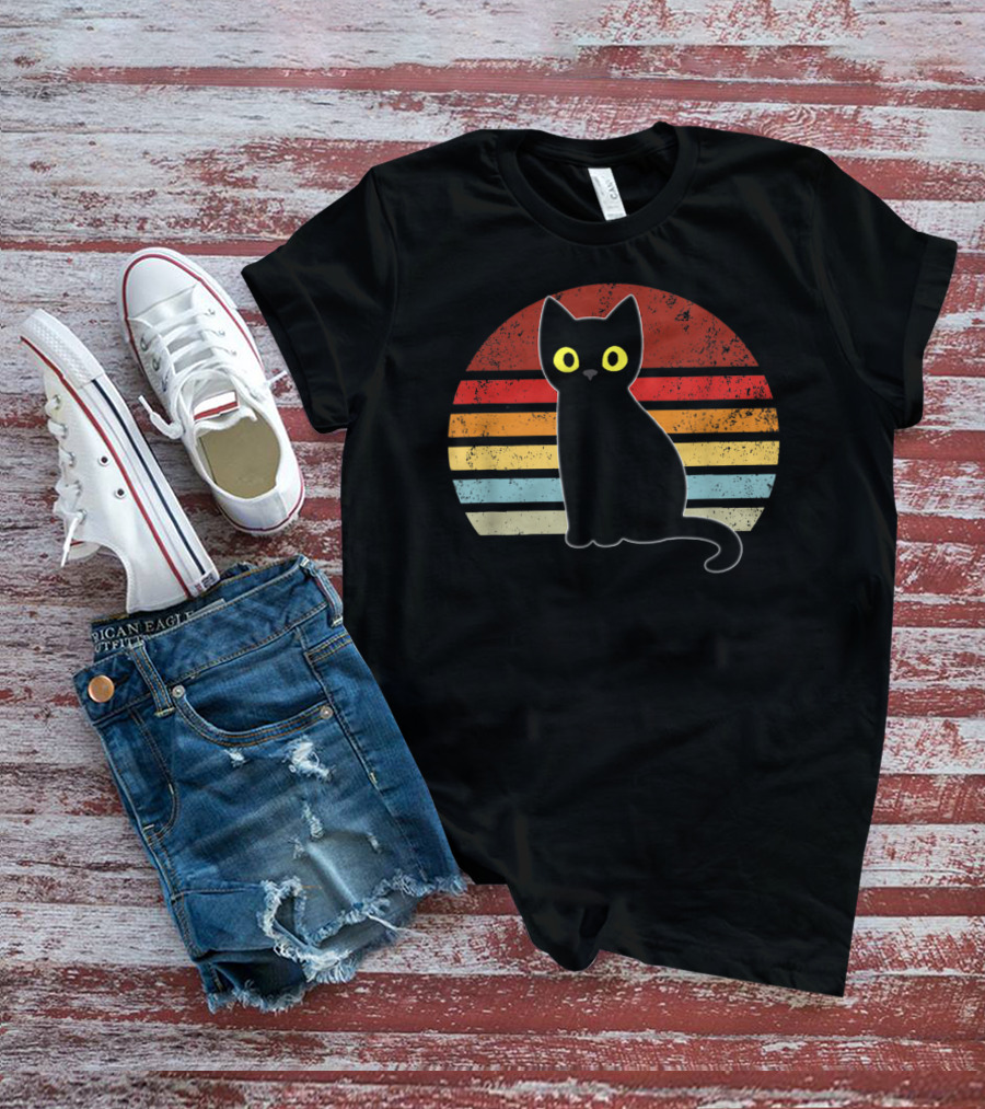 Vintage Retro Stripes Black Cat Kitty Kitten T-Shirt