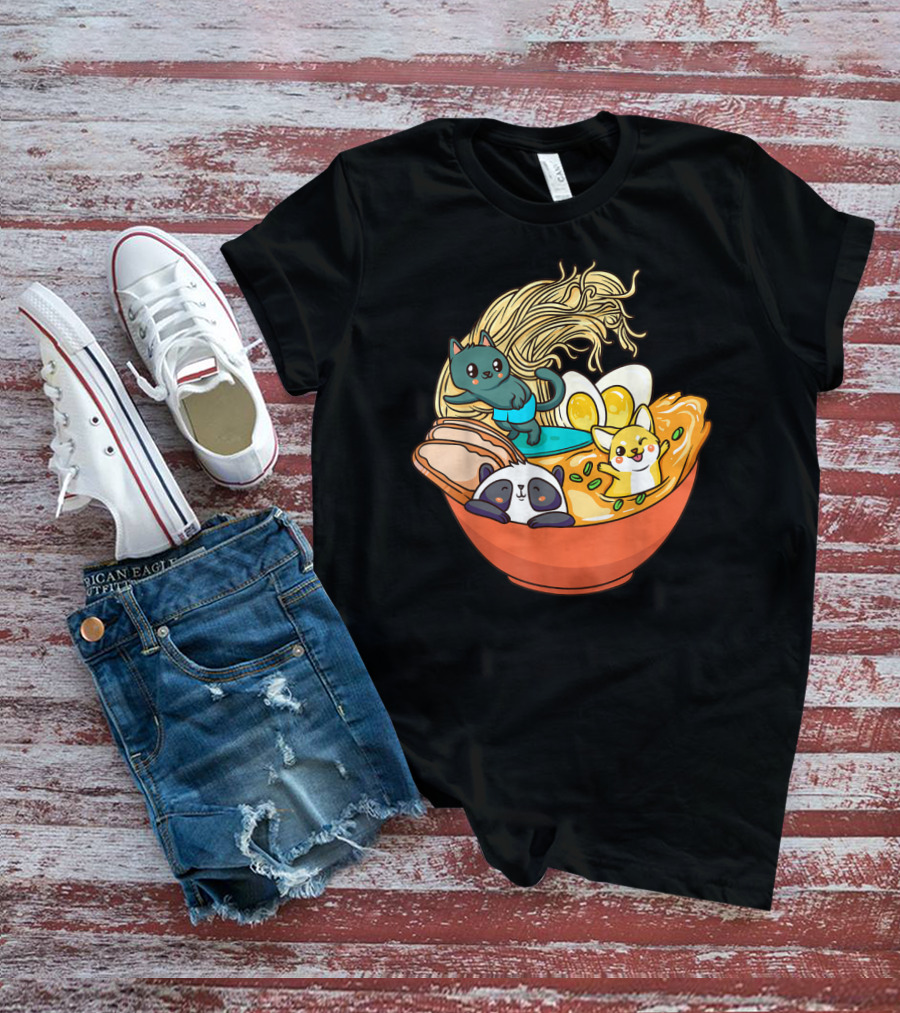 Kawaii Cat Panda Dog Anime Noodle Bowl With Egg And Ramen T-Shirt