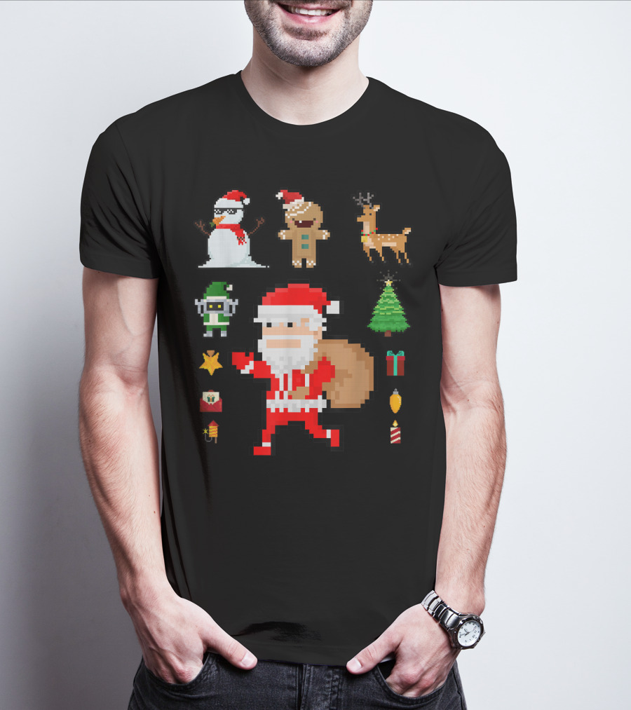 Pixel 8Bit Santa Claus Snowman Gingerbread Reindeer Christmas Tree Gifts Gaming T-Shirt