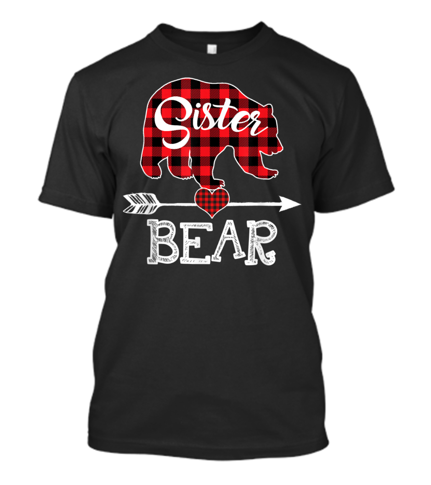 Sister Bear Christmas Red Plaid Buffalo Arrow Heart T-Shirt
