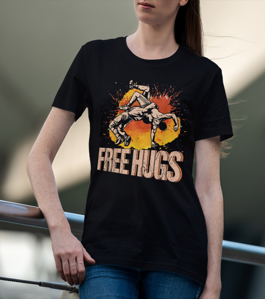Free Hugs Wrestling Art With Splash Background T-Shirt