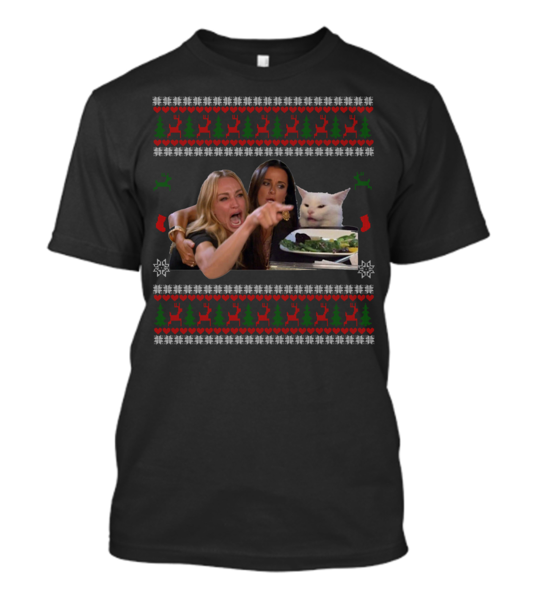 Yelling At A Cat Ugly Christmas Meme Sweater Pattern With Reindeer And Trees T-Shirt