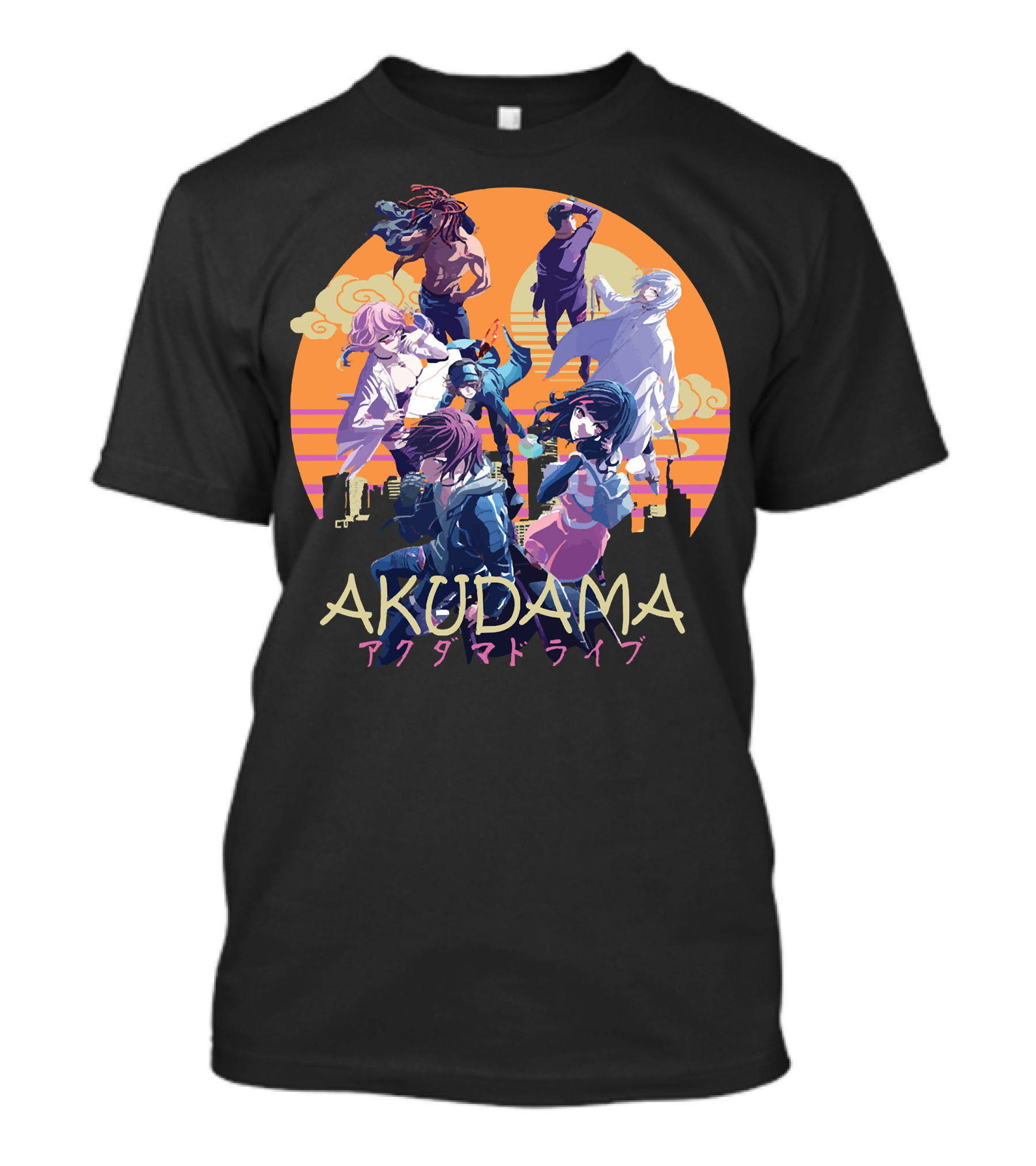 AKUDAMA アクダマドライブ Characters In Sunset City Skyline Scene T-Shirt