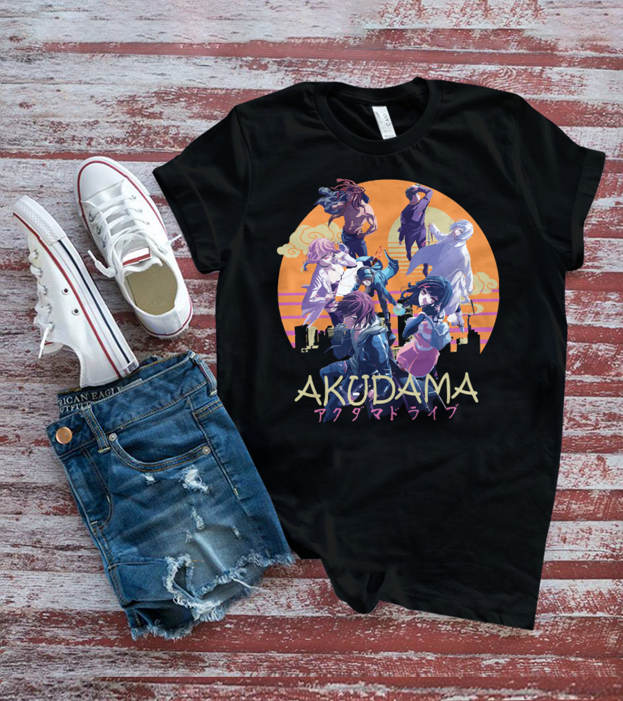 AKUDAMA アクダマドライブ Characters In Sunset City Skyline Scene T-Shirt