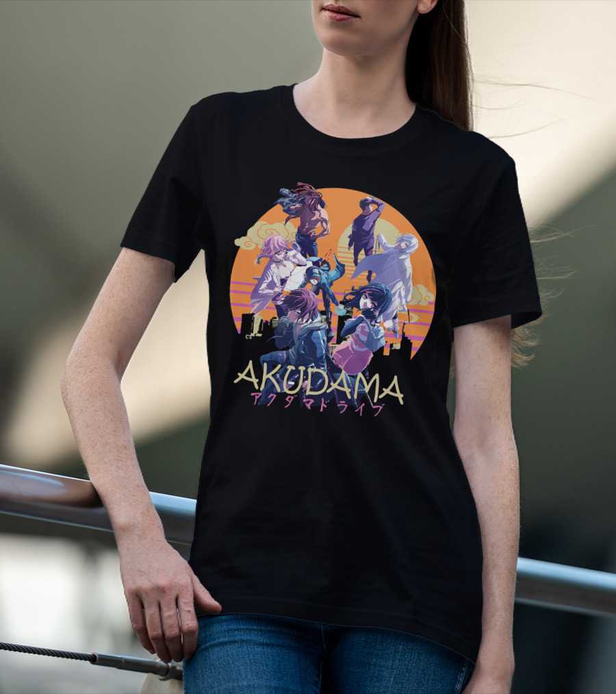 AKUDAMA アクダマドライブ Characters In Sunset City Skyline Scene T-Shirt