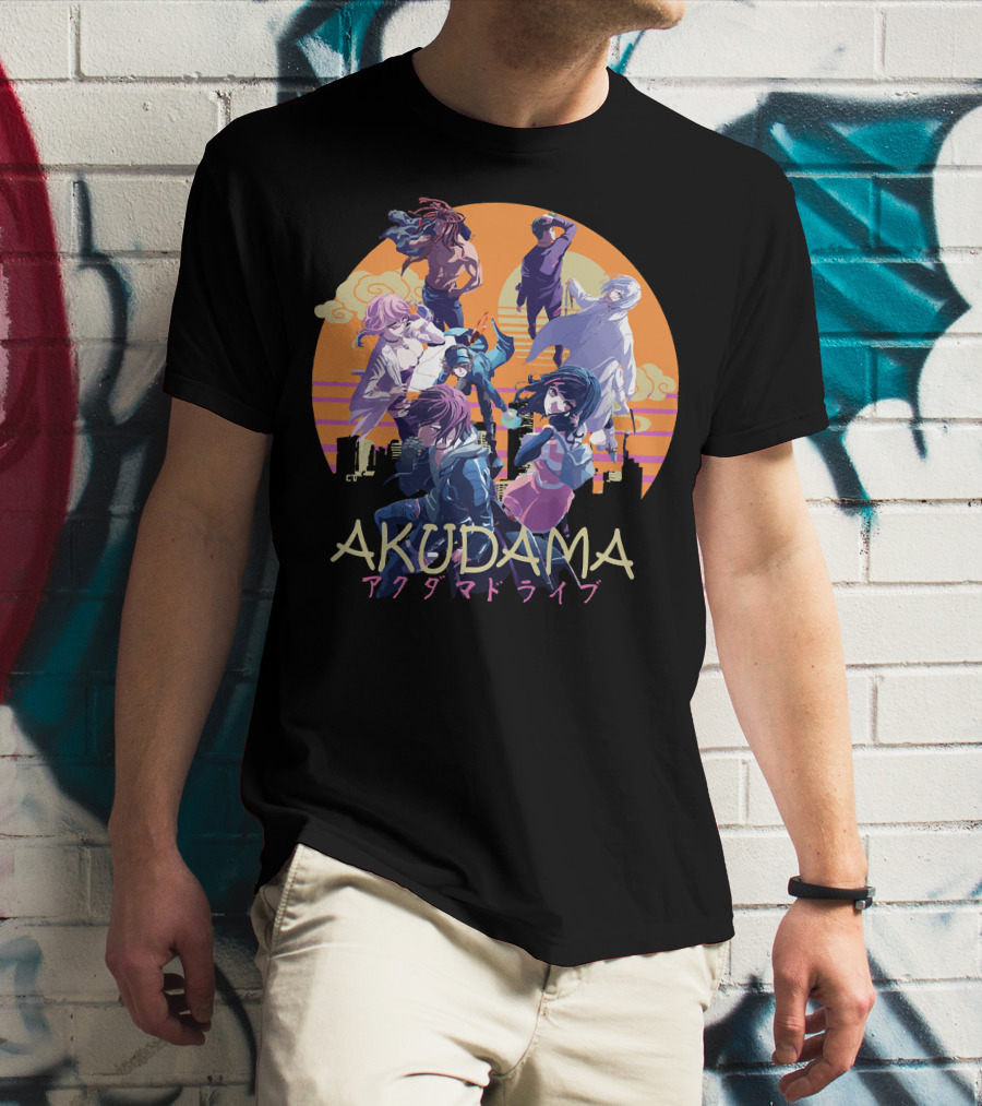 AKUDAMA アクダマドライブ Characters In Sunset City Skyline Scene T-Shirt