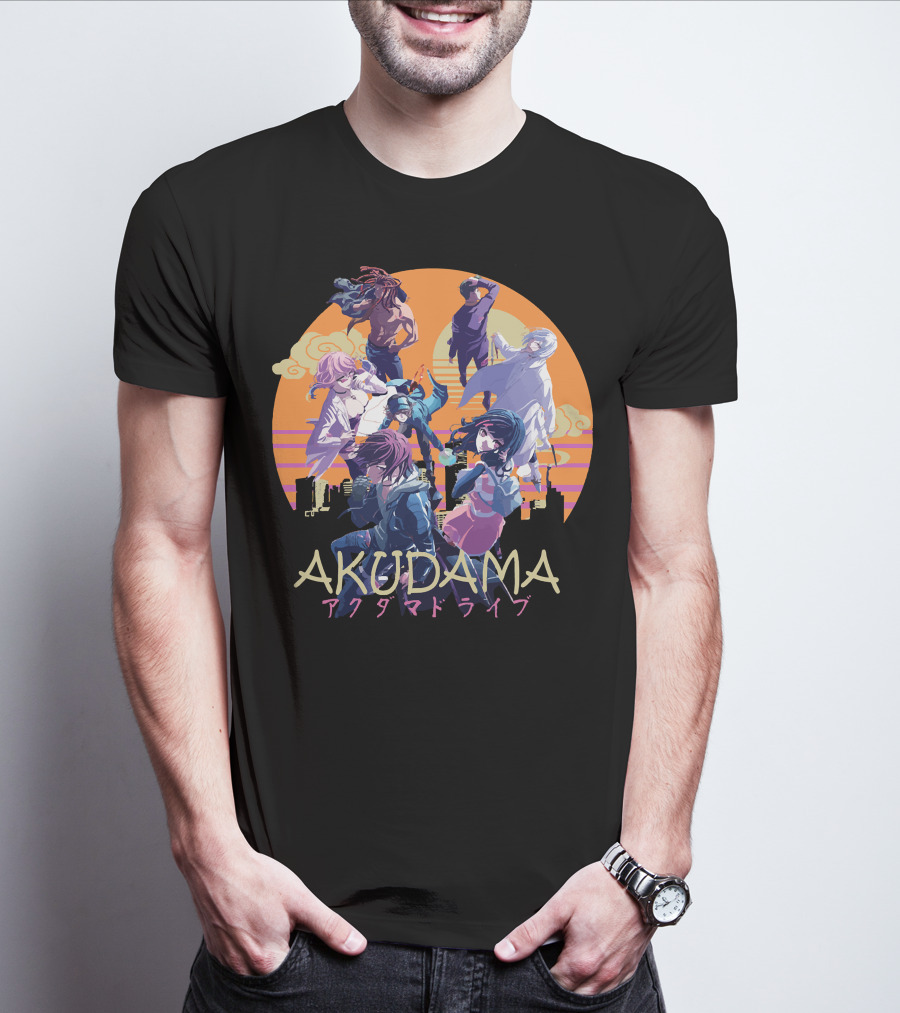 AKUDAMA アクダマドライブ Characters In Sunset City Skyline Scene T-Shirt