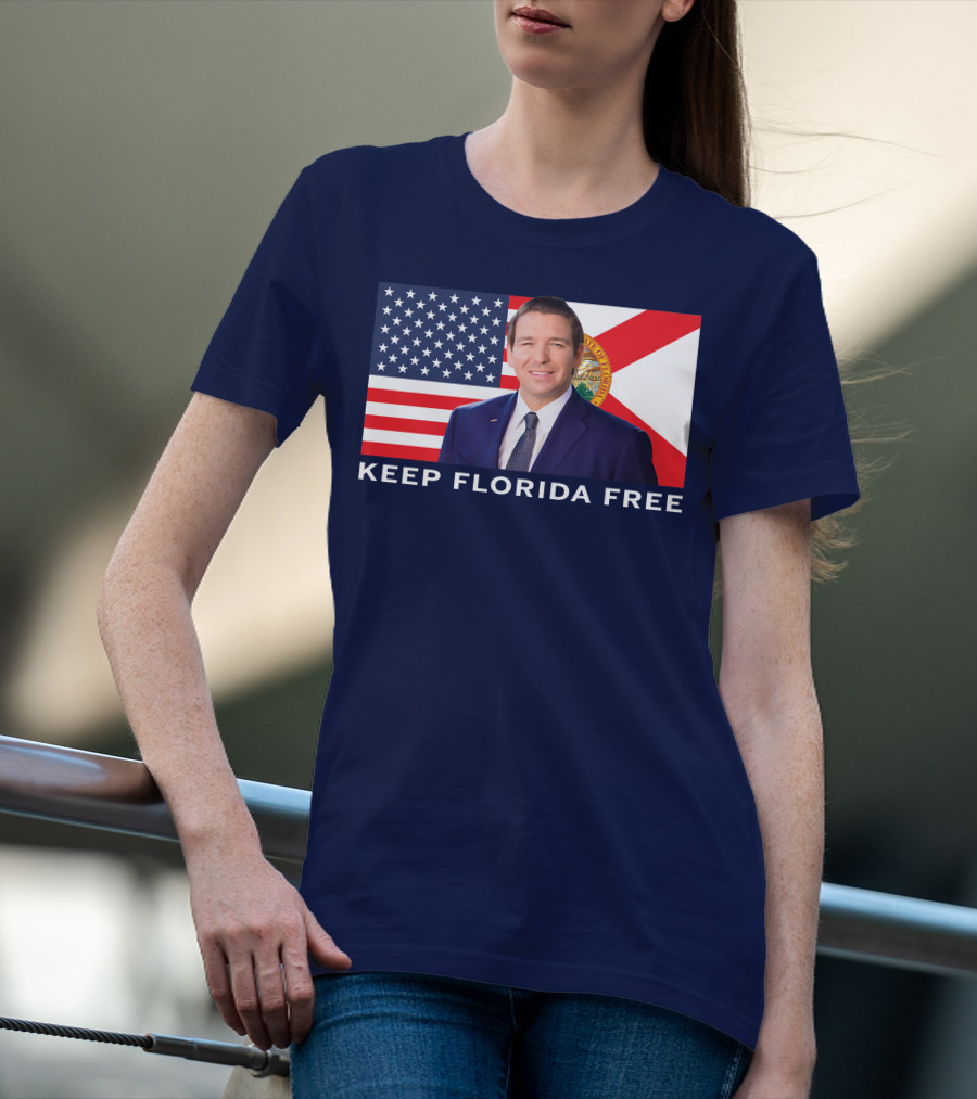 Keep Florida Free American Flag Portrait Navy Fine Jersey T-Shirt