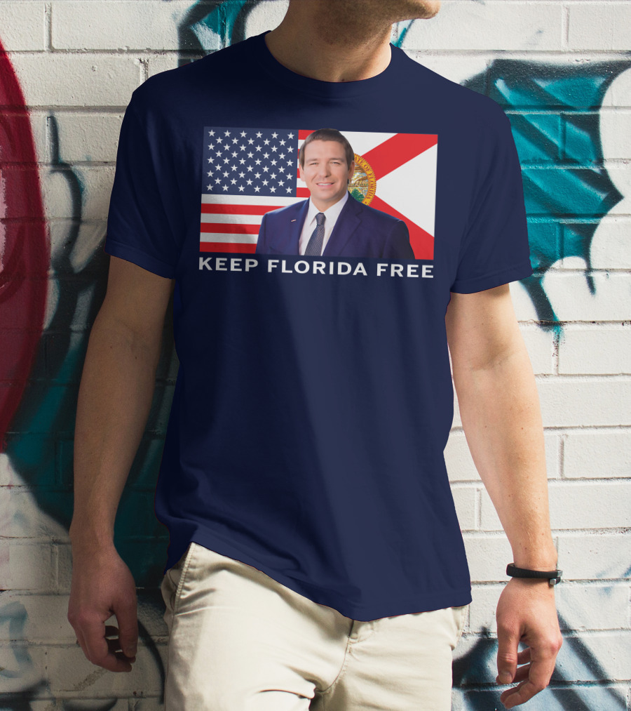 Keep Florida Free American Flag Portrait Navy Fine Jersey T-Shirt