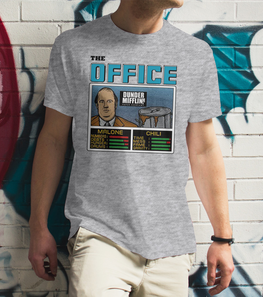 The Office Dunder Mifflin Kevin Malone Chili Numbers Debts Hunger Drums Time Mess Fame Gravity T-Shirt