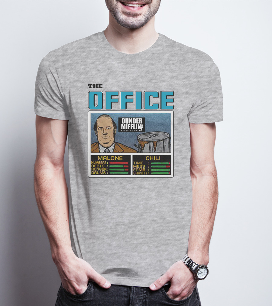 The Office Dunder Mifflin Kevin Malone Chili Numbers Debts Hunger Drums Time Mess Fame Gravity T-Shirt
