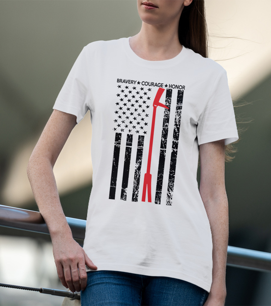 BRAVERY COURAGE HONOR Firefighter Flag With Red Halligan Tool T-Shirt
