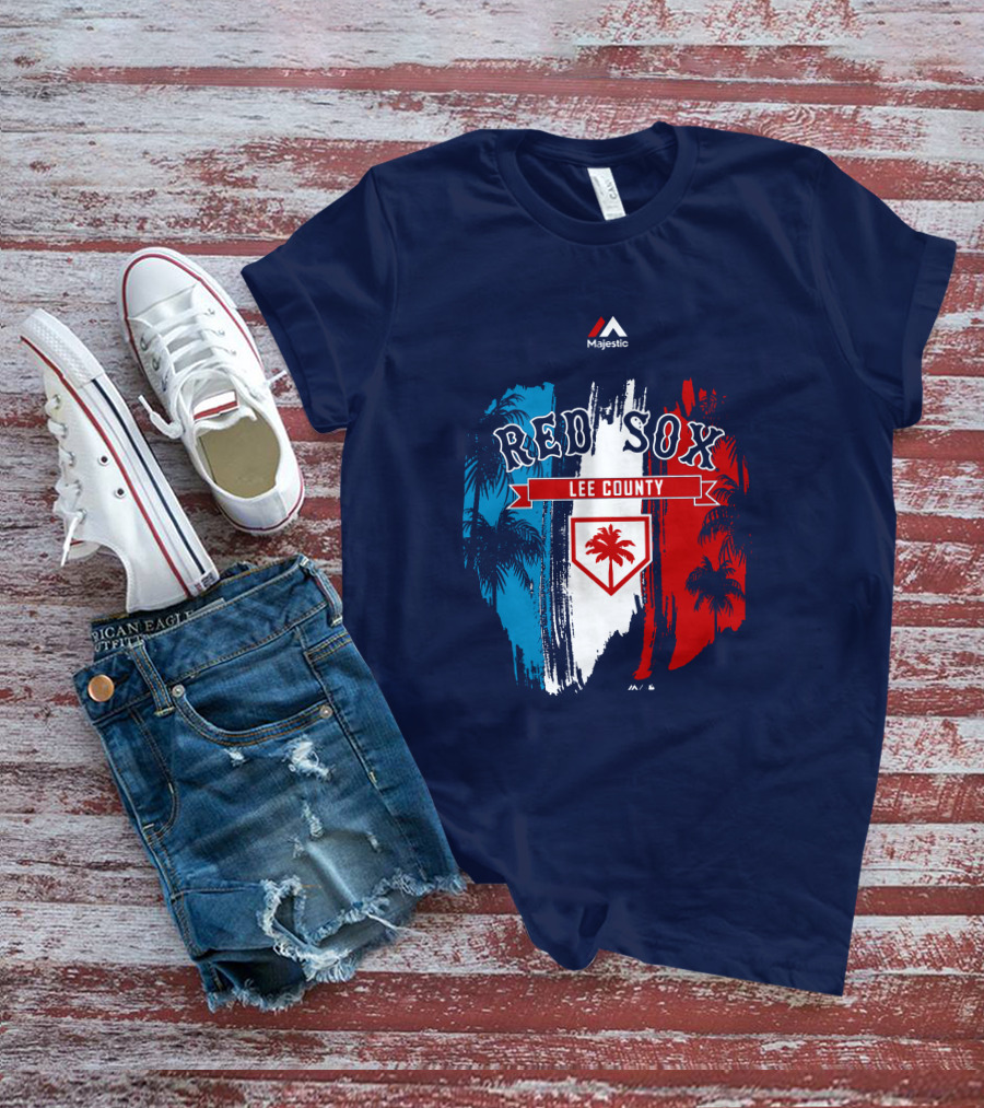 Majestic Red Sox Lee County Mookie Betts Palm Tree Blue Red White T-Shirt