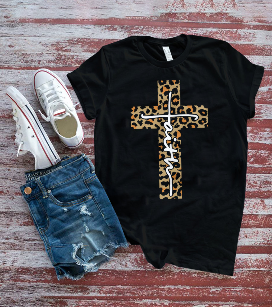 FAITH GUUZ Leopard Print Cross T-Shirt