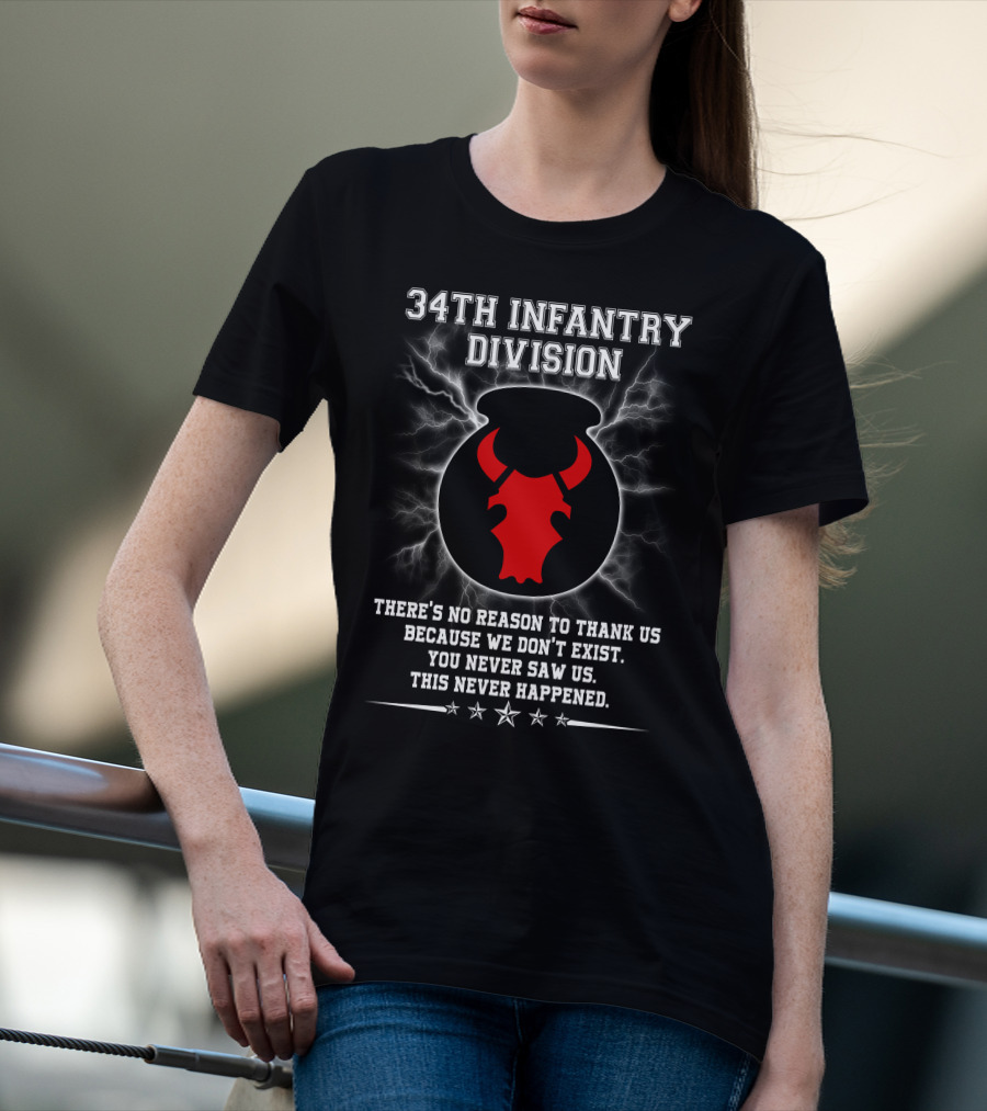 34Th Infantry Division Red Bull Skull With Lightning And Secret Message T-Shirt