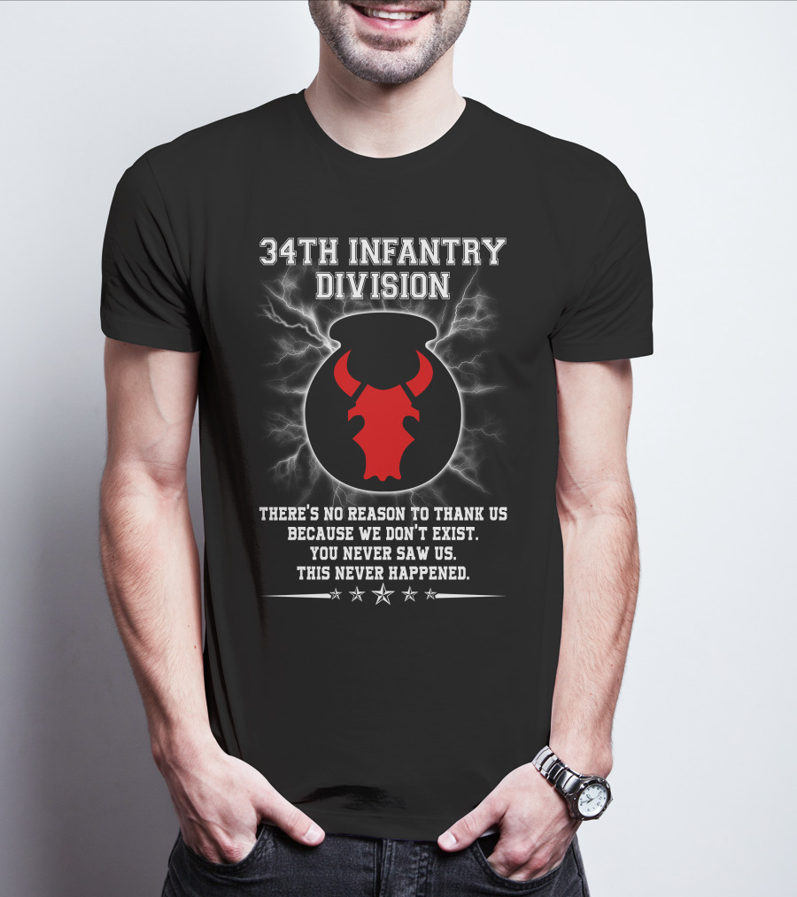 34Th Infantry Division Red Bull Skull With Lightning And Secret Message T-Shirt
