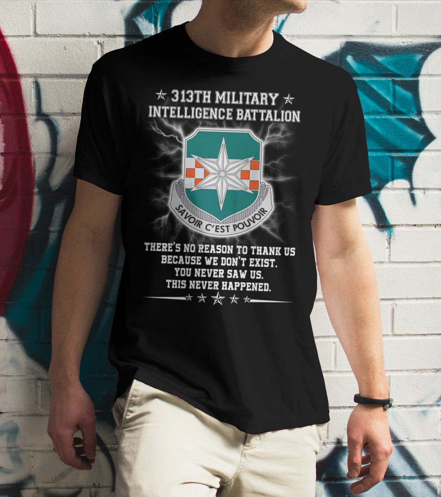 313th Military Intelligence Battalion Savoir C'est Pouvoir You Never Saw Us This Never Happened T-Shirt