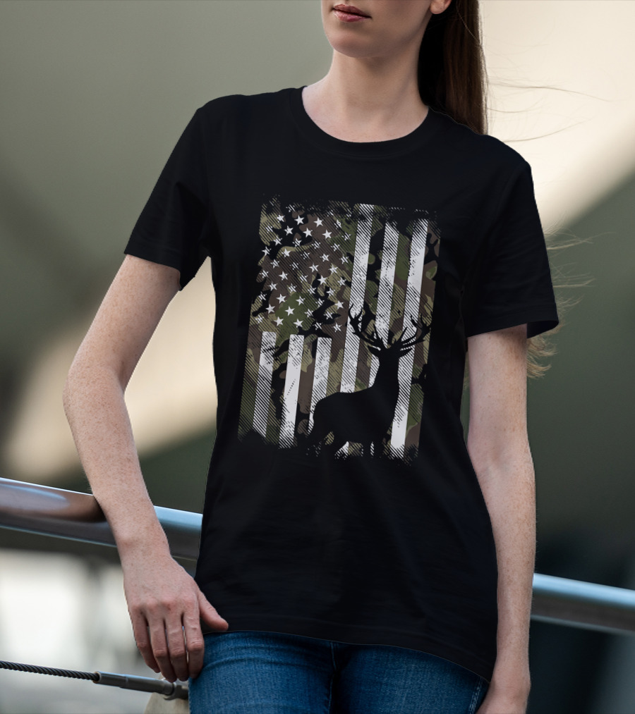Camo American Flag With Deer Silhouette USA Hunting T-Shirt