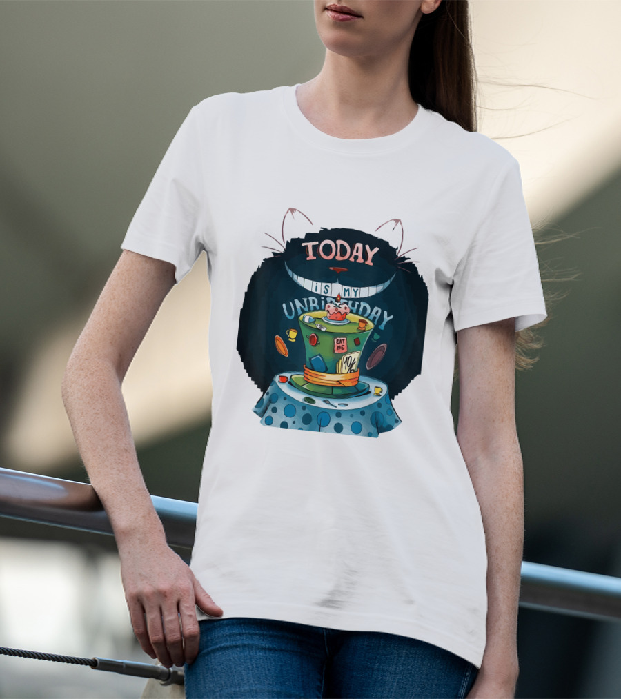 Today Is My Unbirthday Funny Cat Lover Eat Me 10/6 Hat Cheshire Table T-Shirt