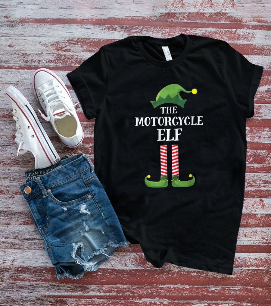 The Motorcycle Elf Green Hat Red Striped Legs Christmas Party Matching Family Group T-Shirt
