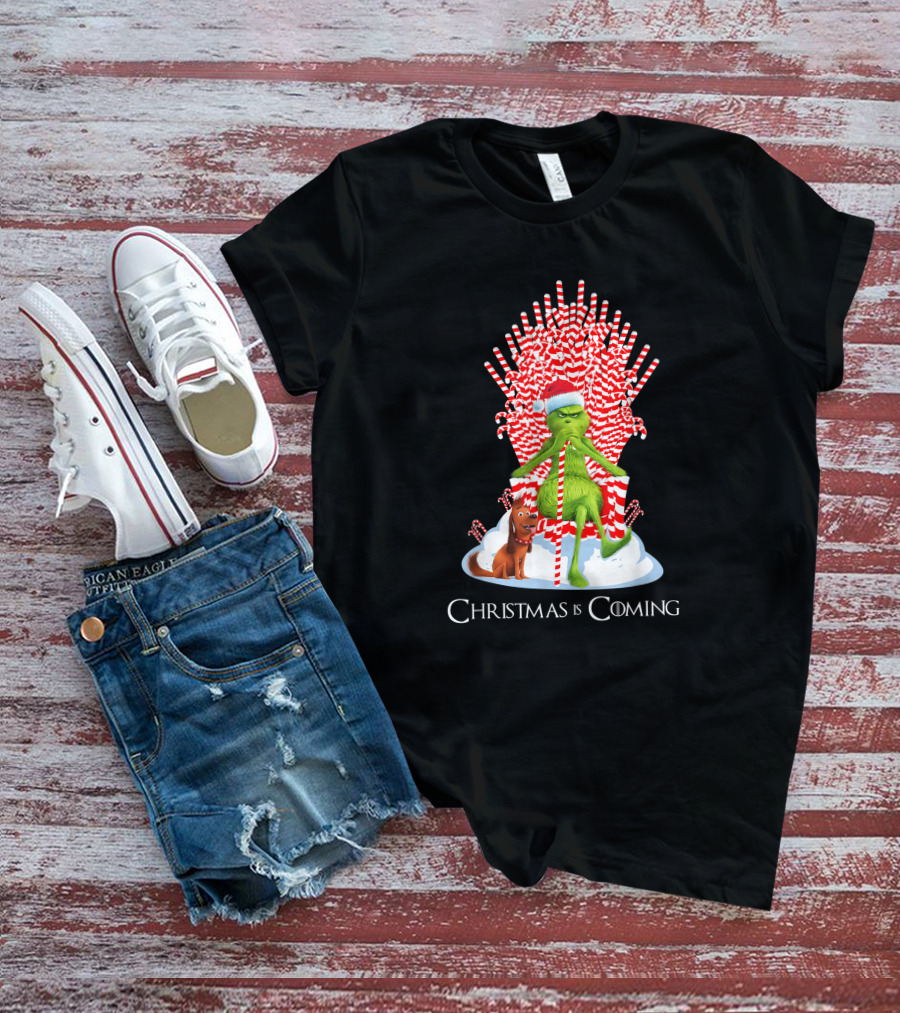 Grinch Christmas Is Coming Candy Cane Throne Funny T-Shirt