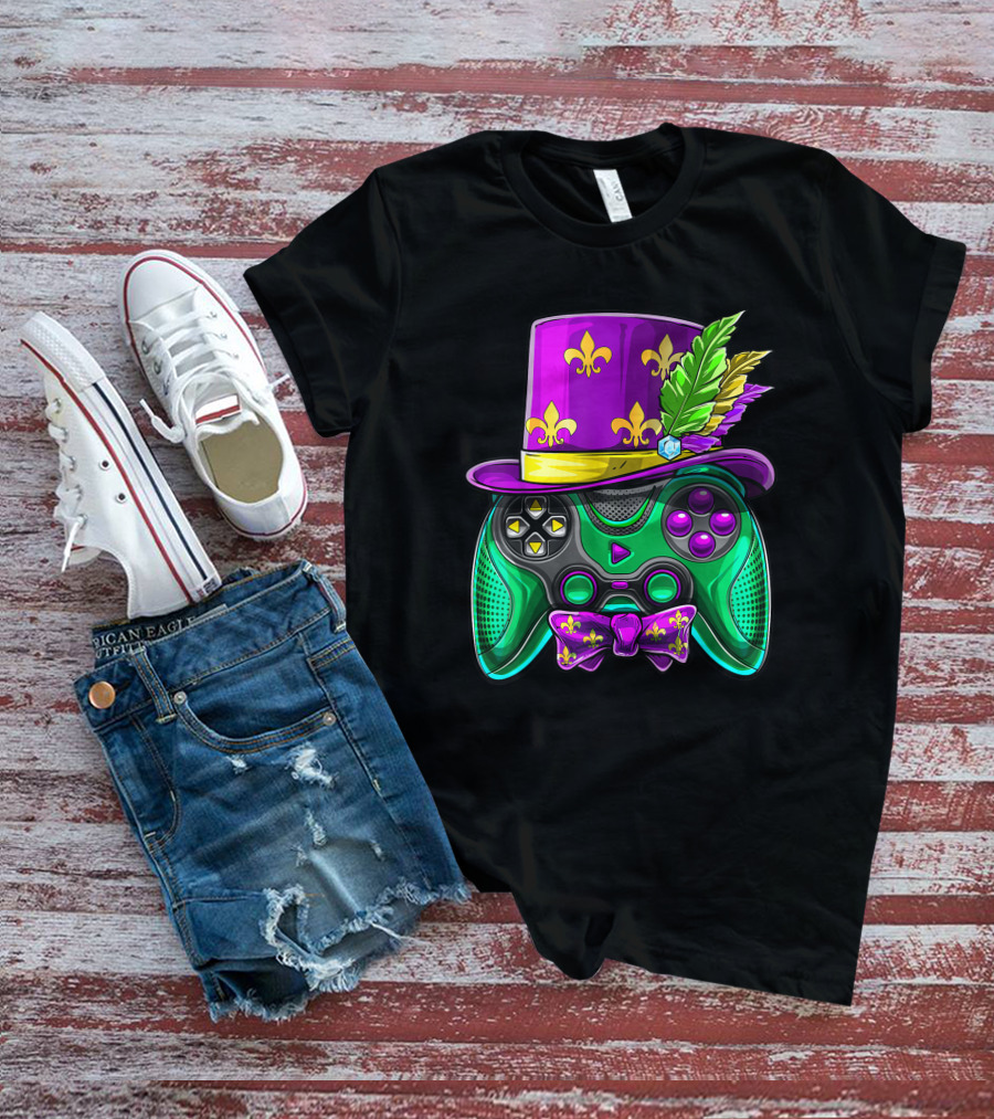 Mardi Gras Fleur-de-Lis Video Game Controller Jester Hat Bow Tie T-Shirt