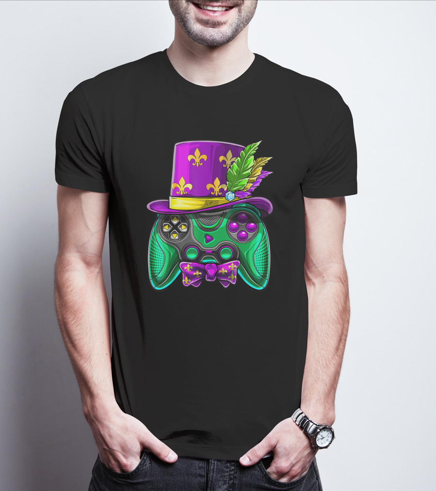Mardi Gras Fleur-de-Lis Video Game Controller Jester Hat Bow Tie T-Shirt