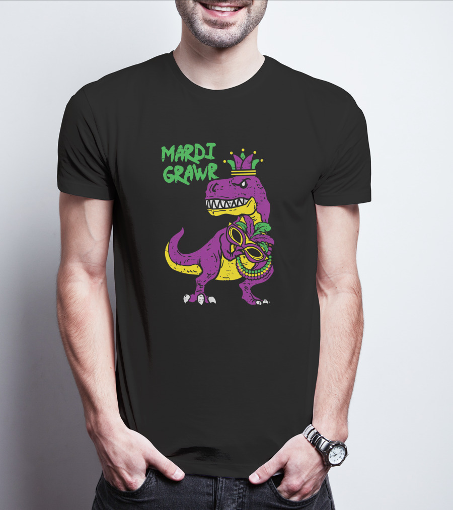 Mardi Grawr Jester Trex Dinosaur With Mask And Beads T-Shirt