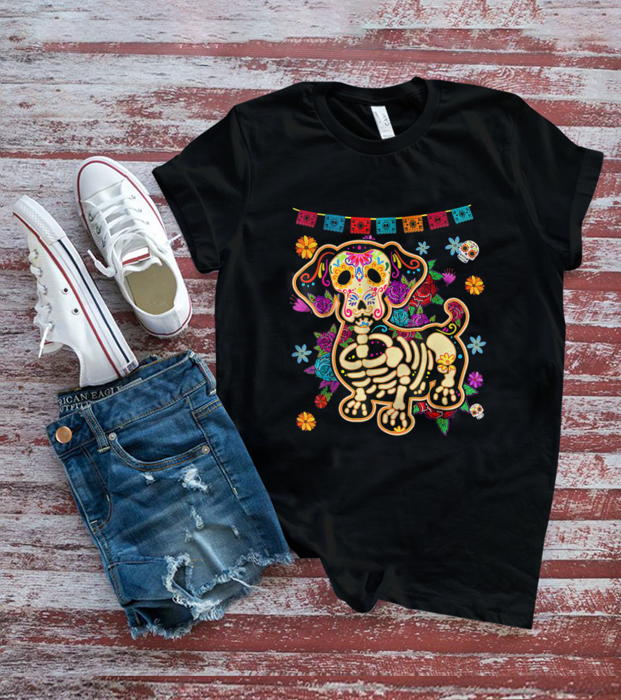 Sugar Skull Mexican Dachshund Bone Halloween Day Of The Dead Dog Skeleton Flowers T-Shirt