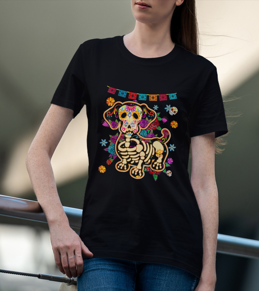 Sugar Skull Mexican Dachshund Bone Halloween Day Of The Dead Dog Skeleton Flowers T-Shirt