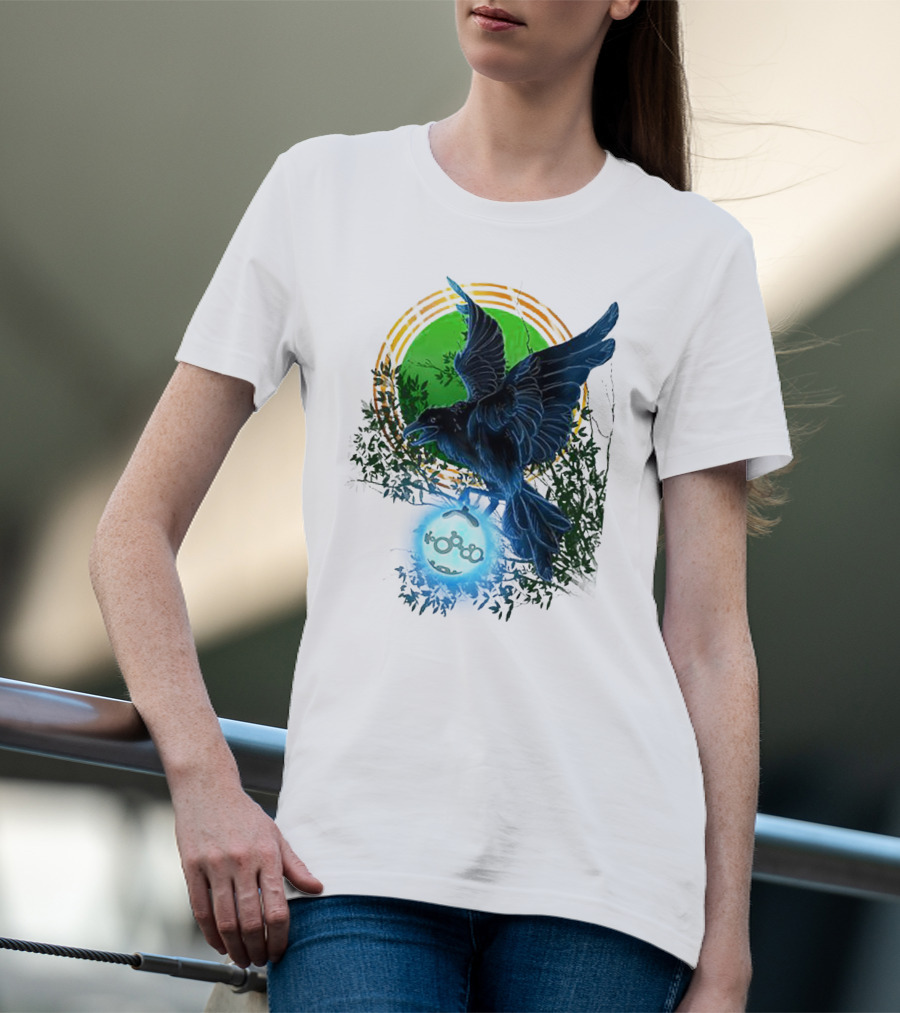 Pointcrow Raven Orb Enigma With Rings And Foliage T-Shirt