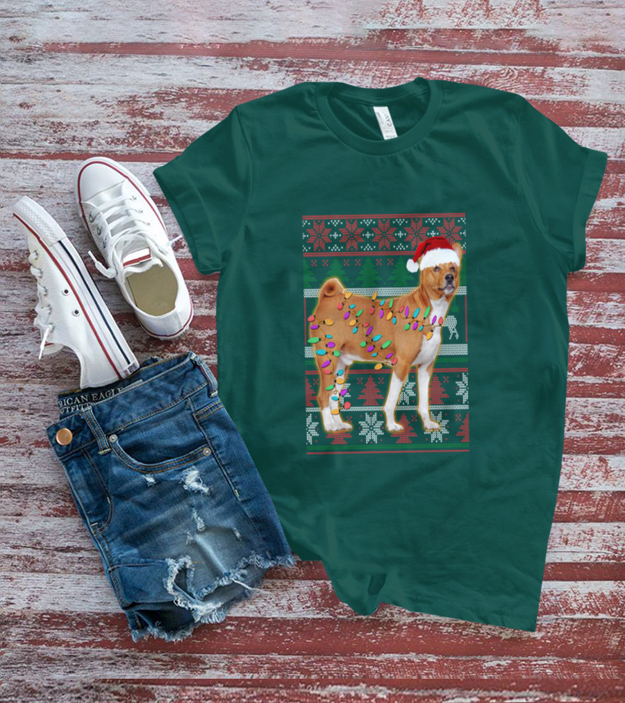 Basenji Christmas Lights Holiday Sweater Dog With Santa Hat T-Shirt
