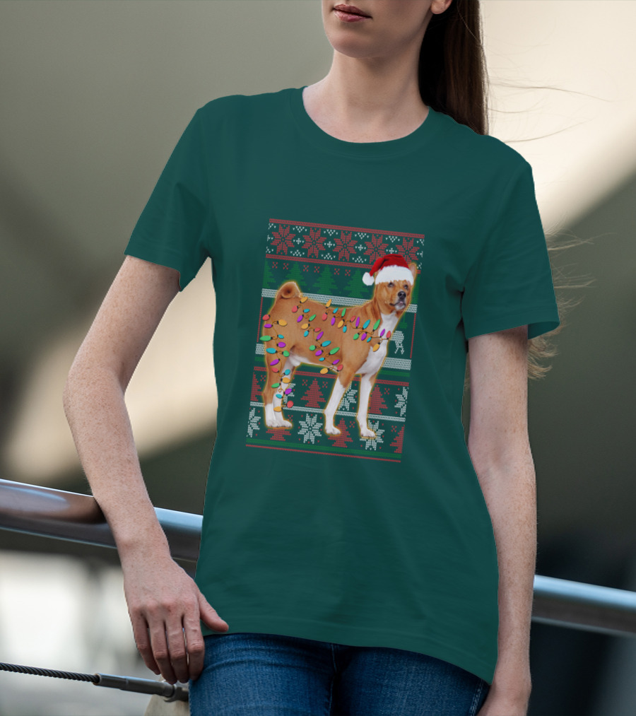 Basenji Christmas Lights Holiday Sweater Dog With Santa Hat T-Shirt