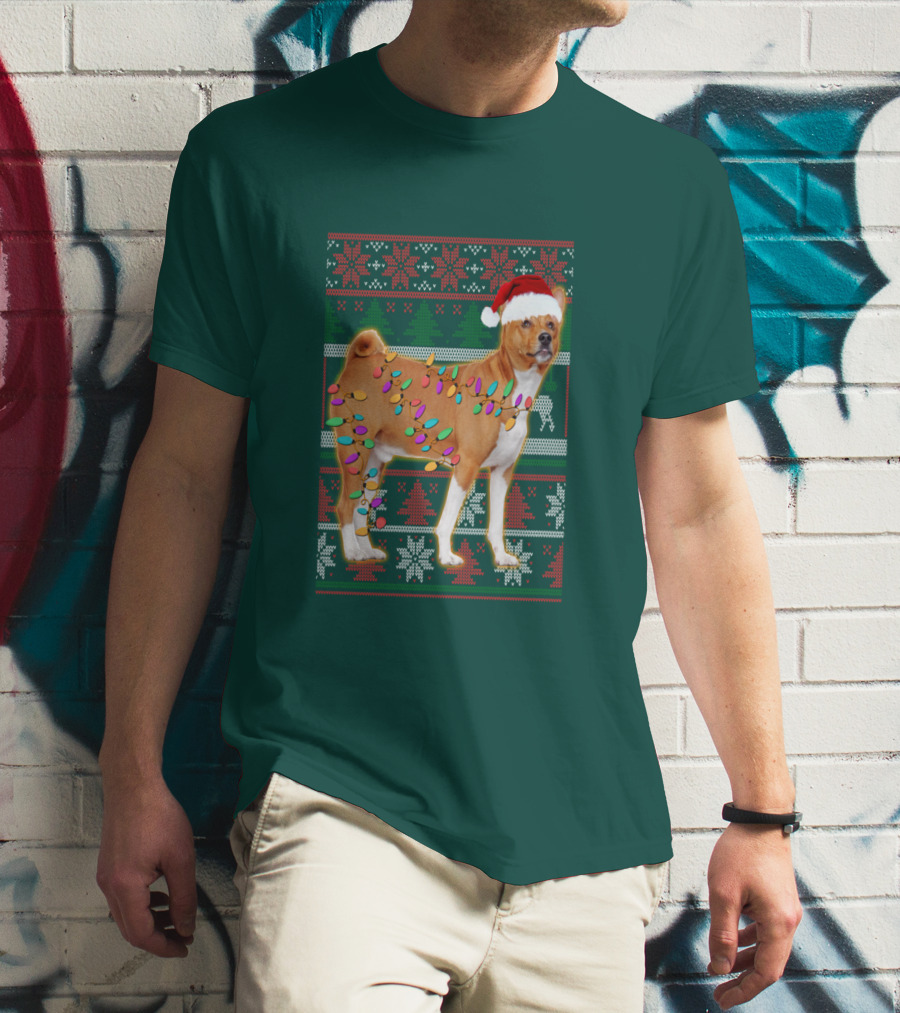 Basenji Christmas Lights Holiday Sweater Dog With Santa Hat T-Shirt