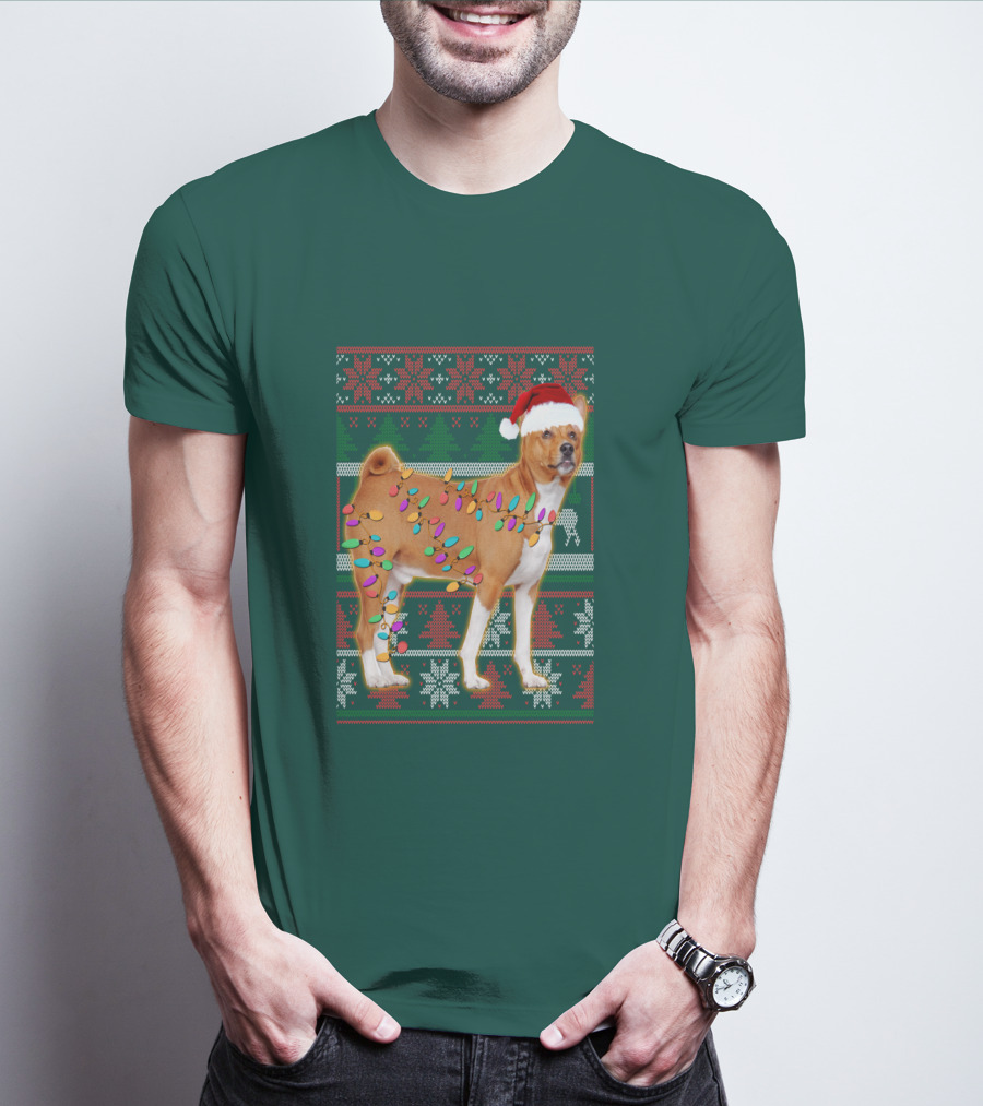 Basenji Christmas Lights Holiday Sweater Dog With Santa Hat T-Shirt