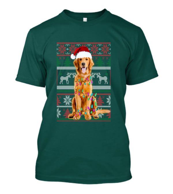 Golden Retriever Christmas Santa Hat Lights Holiday T-Shirt