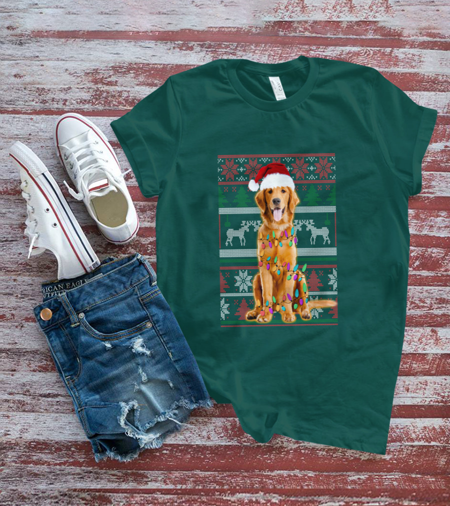 Golden Retriever Christmas Santa Hat Lights Holiday T-Shirt